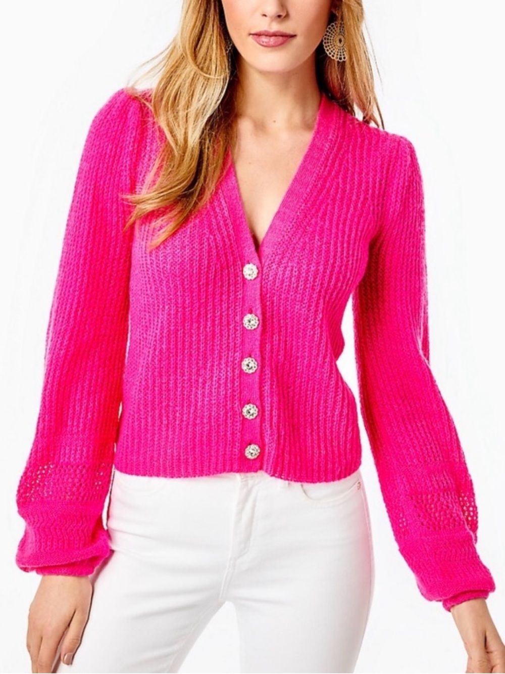 Lilly Pulitzer Laelynn hot pink puff sleeve cardigan, size L